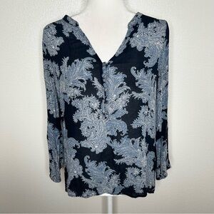Lucky Brand Womens Blue Paisley Print V-Neck Long Sleeve Boho Peasant Top Size S